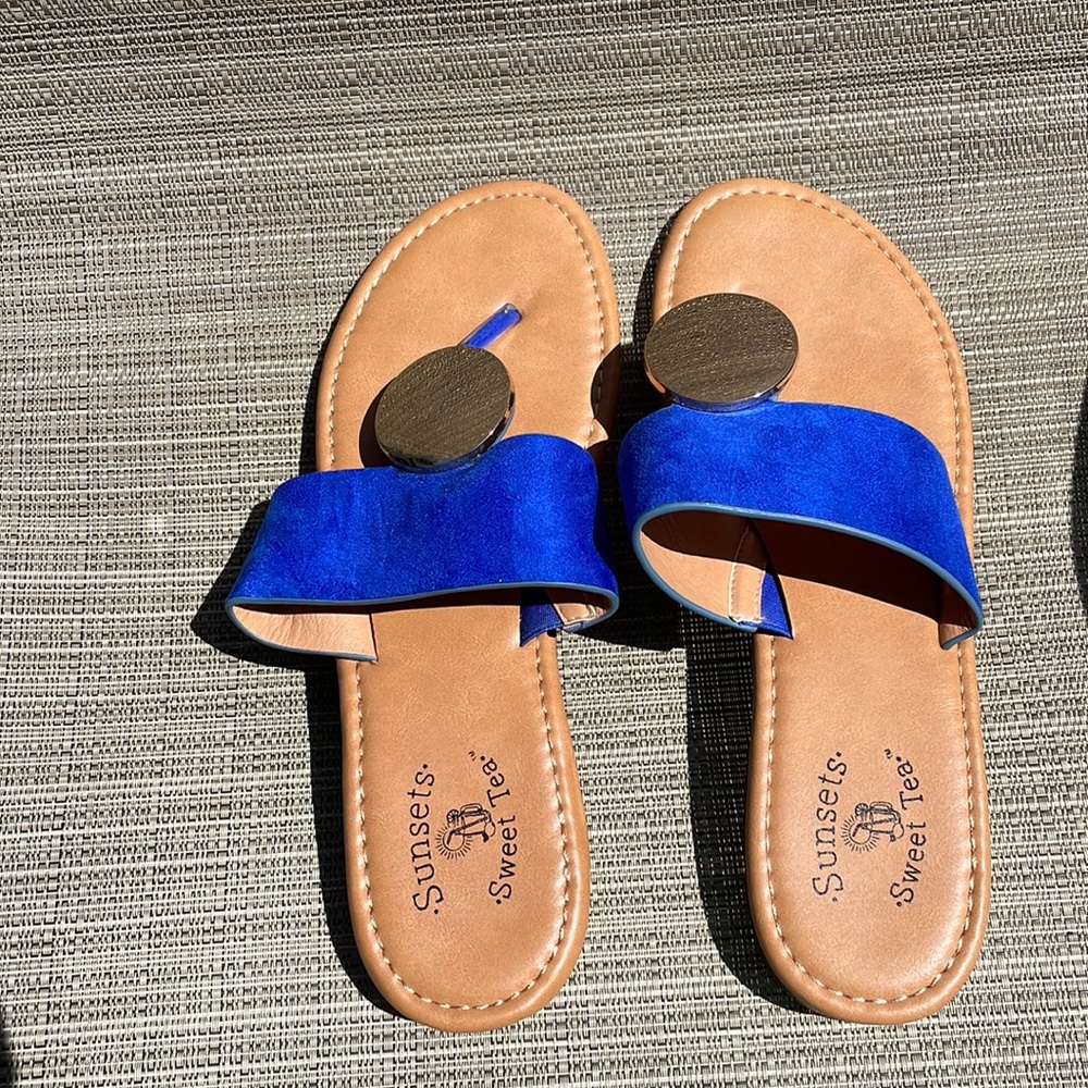 Blue Subsets & Sweet Tea Sandals, size 8M, thong style, like new!